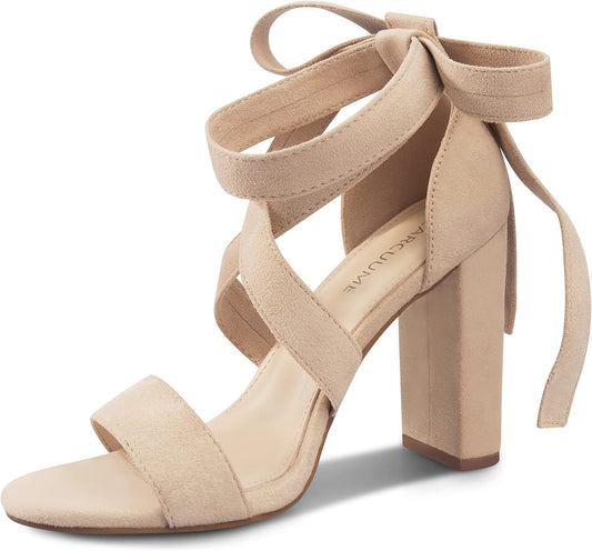 Strappy Heels for Women Chunky Heels High Heeled Sandals with Lace up Fahsion Casual Nude Block Heel Sandals,Ellery-Color-0