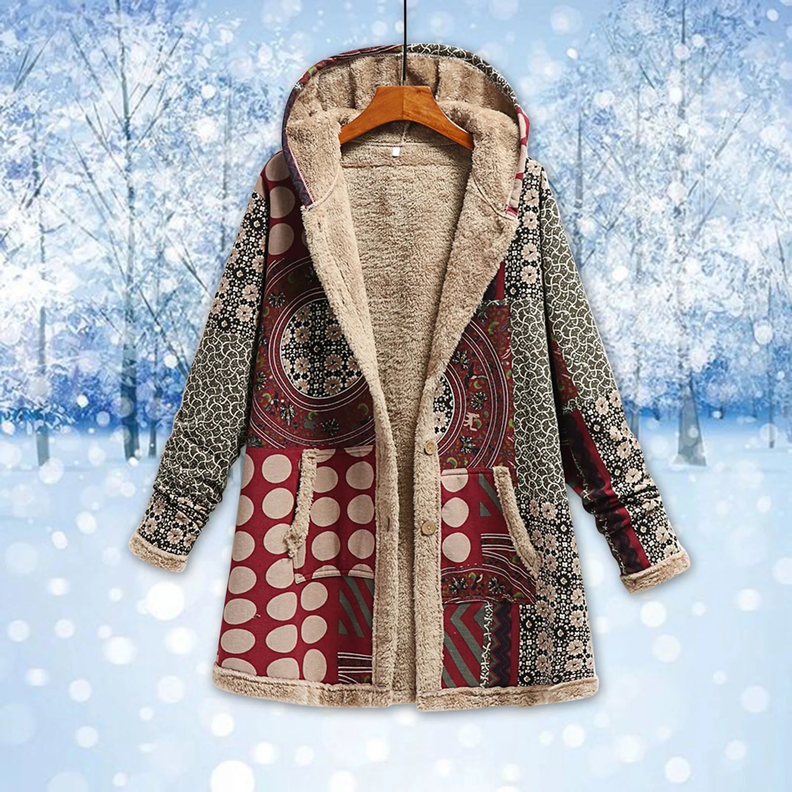 Womens Jackets Winter Casual Long Sleeve Ethnic Print Jacket Trendy Coat Loose Cotton and Linen Warm Jacket Fall Winter Fleece Jacket Hooded Thick Lined Coats Outerwear (#B02=Blue,M)